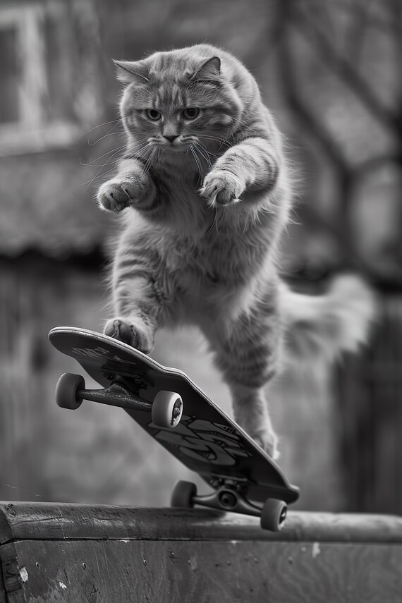 Funny Fluffy Cat Skateboard Trick Black And White Photo Print