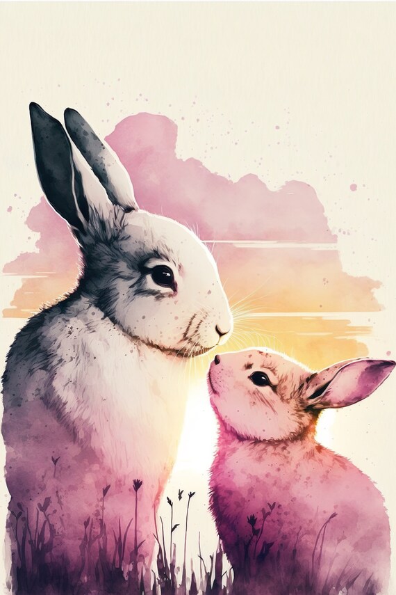 Mama Bunny And Baby Bunny Watercolor Nursery Cuddle Art Print