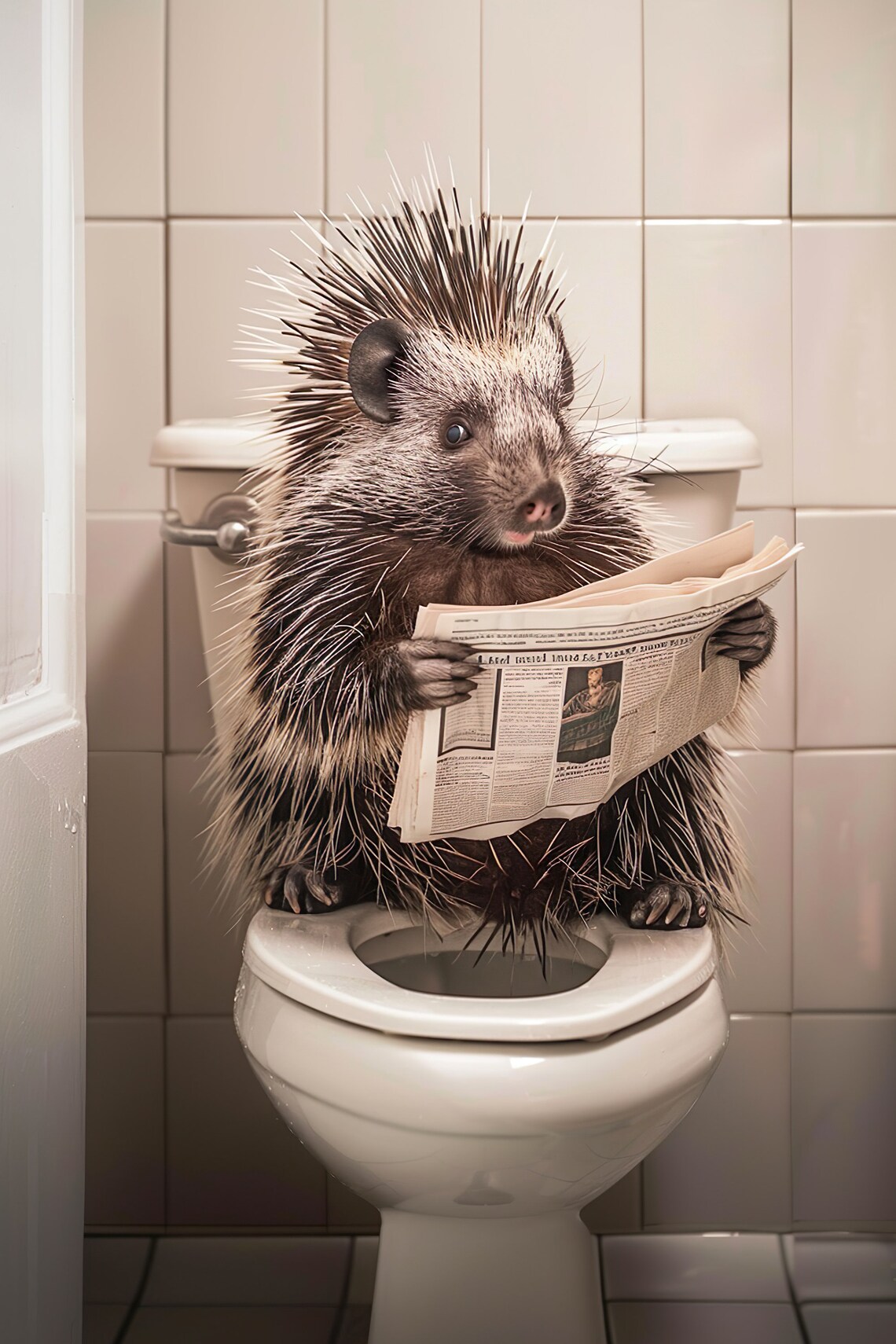 Funny Porcupine Reading Newspaper on Toilet Quirky Bathroom Poster