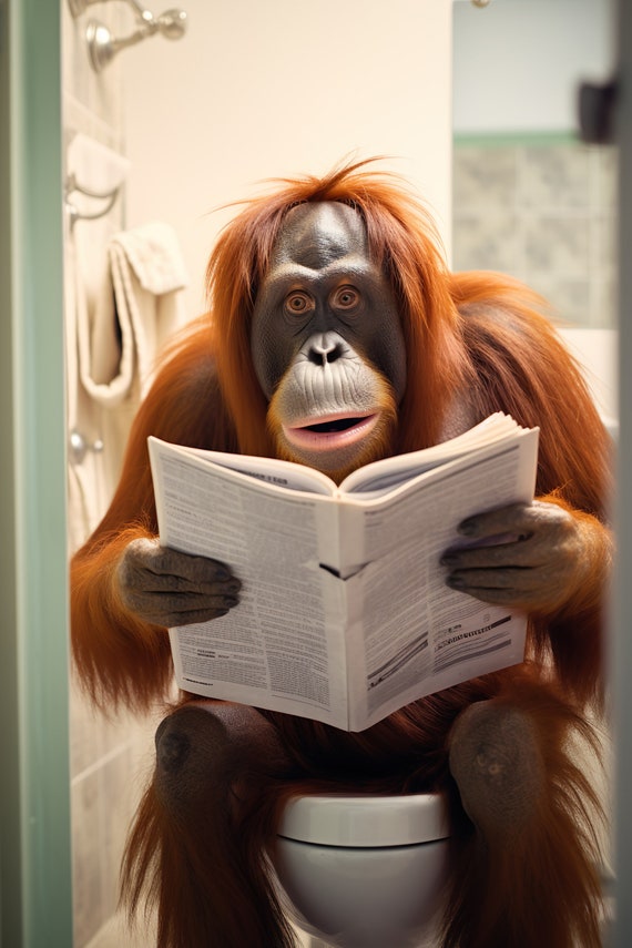 Orangutan Ape Sitting On The Toilet Reading A Newspaper Funny Bathroom Wall Art Funny Monkey Print Funny Animal Photo Ai Art