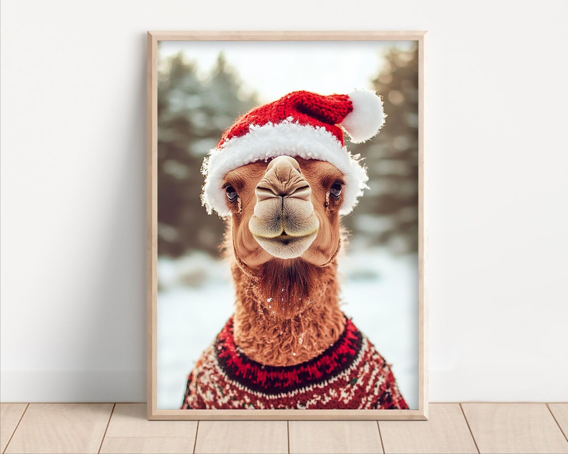 Camel in Santa Hat and Red Sweater Snowy Christmas Winter Animal Poster