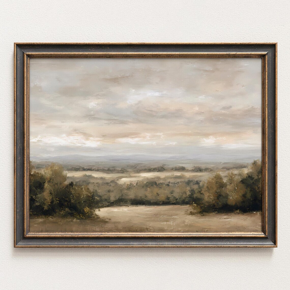 Neutral Countryside Field Misty Vintage Rustic Landscape Wall Art
