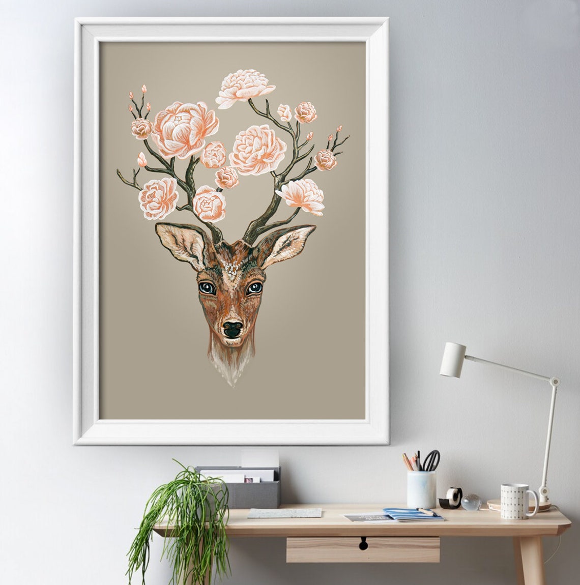 Deer Portrait Crowned With Blooming Pink Peonies Floral Art Poster - Image 3