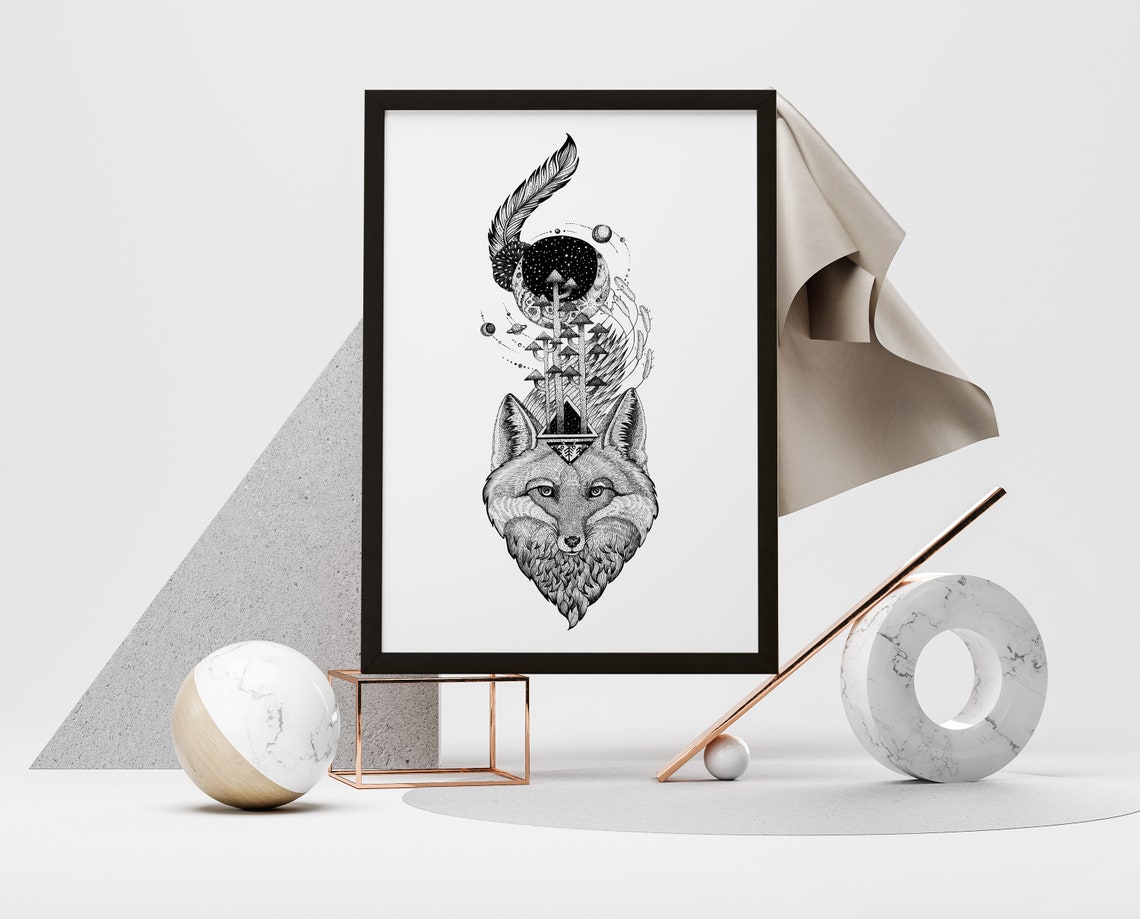Space Fox Black And White Celestial Moon Planets Mushroom Art Poster - Image 2