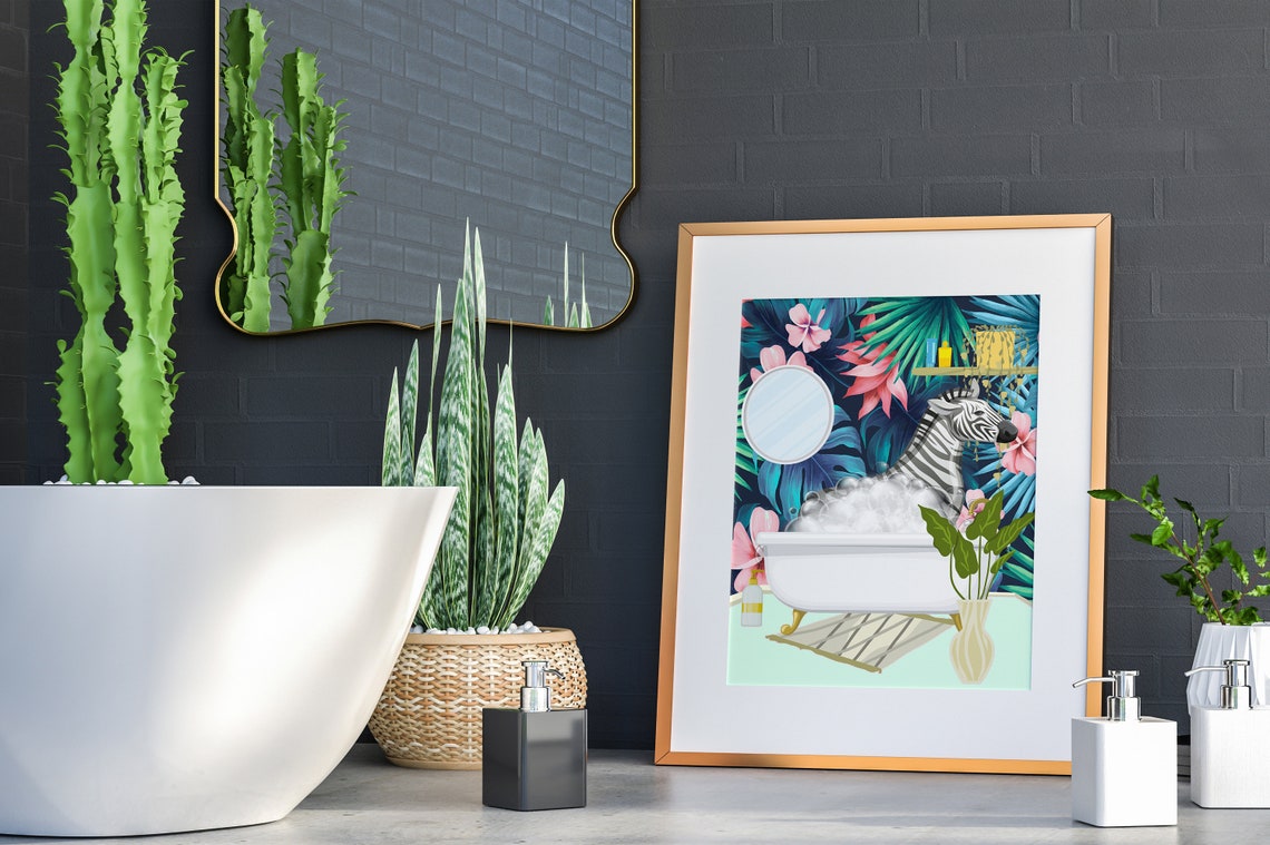 Playful Zebra Taking a Bubble Bath Tropical Bathroom Wall Poster