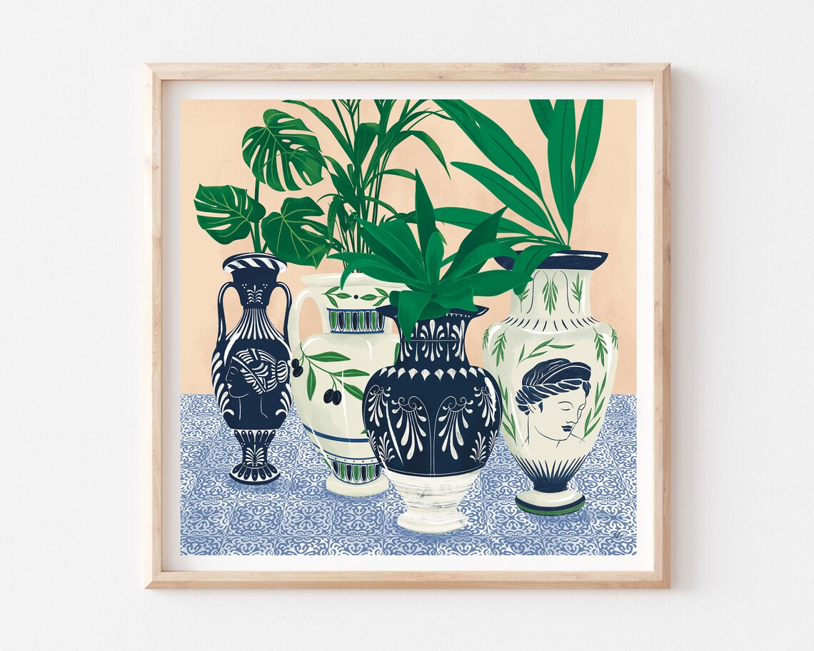 Greece Art Print, Greek Pottery and Potted Plants