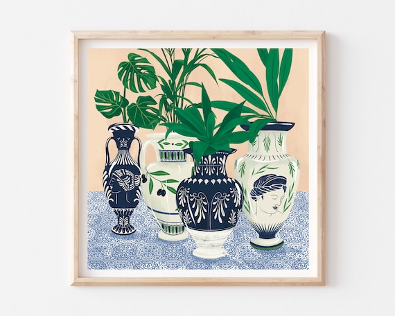 Greece Art Print, Greek Pottery and Potted Plants