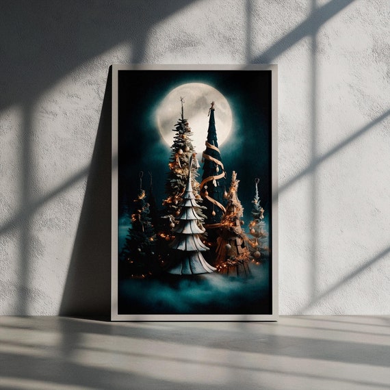 Vintage Christmas Tree Print Wall Art Nostalgic Holiday Decor Rustic Christmas Trees Moody Winter Forest