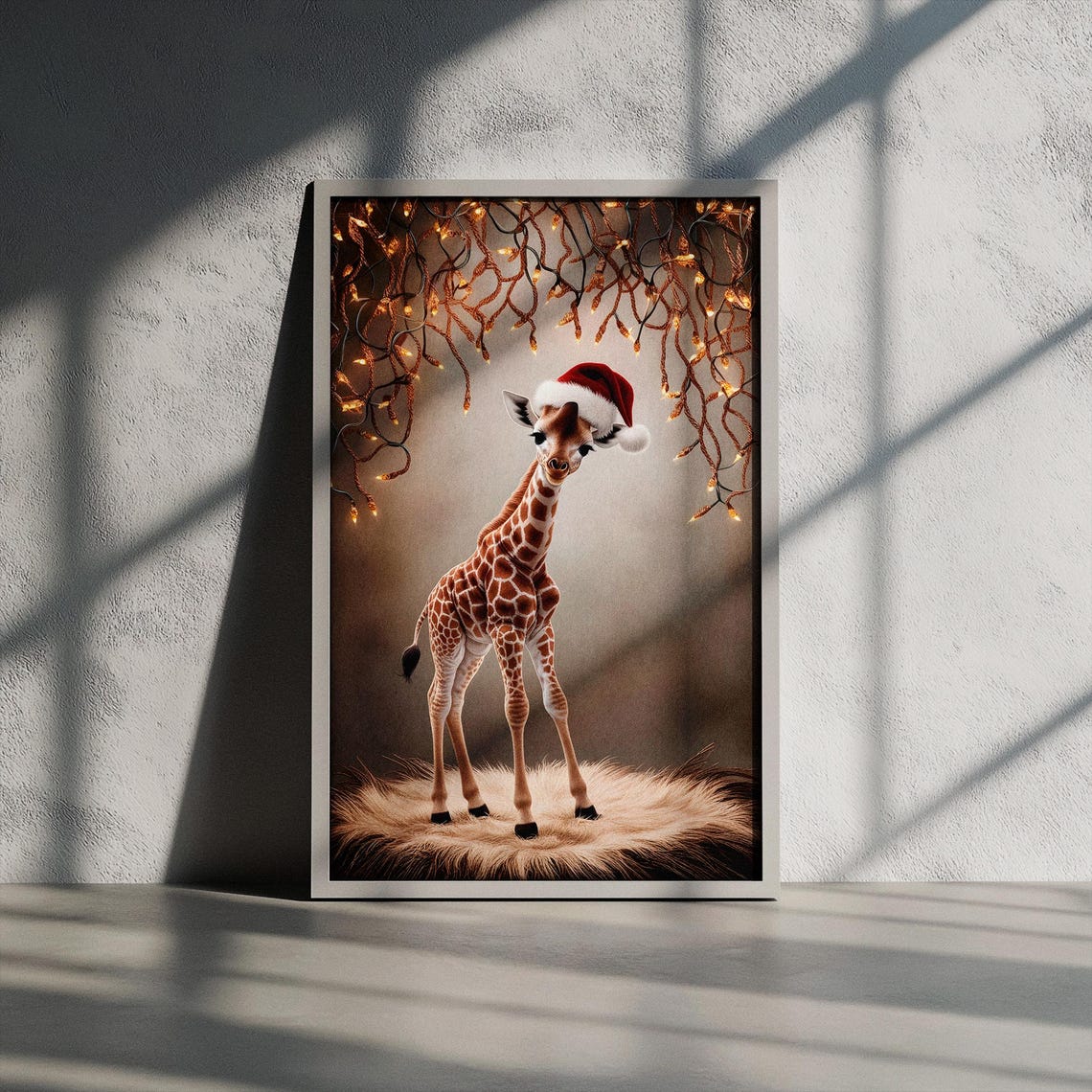 Baby Giraffe in Santa Hat Under Christmas Lights Nursery Poster