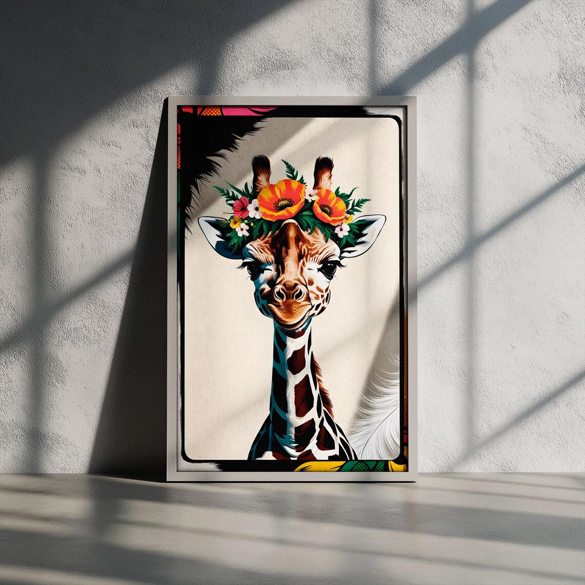 Baby Giraffe Floral Crown Portrait Pop Art Safari Nursery Poster