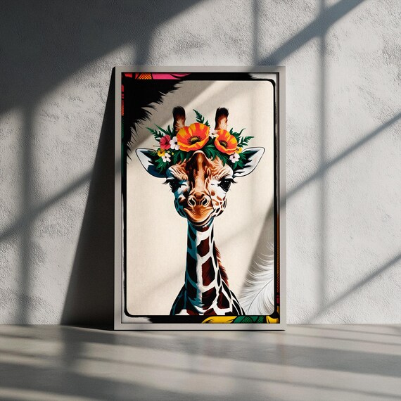 Baby Giraffe Floral Crown Portrait Pop Art Safari Nursery Poster