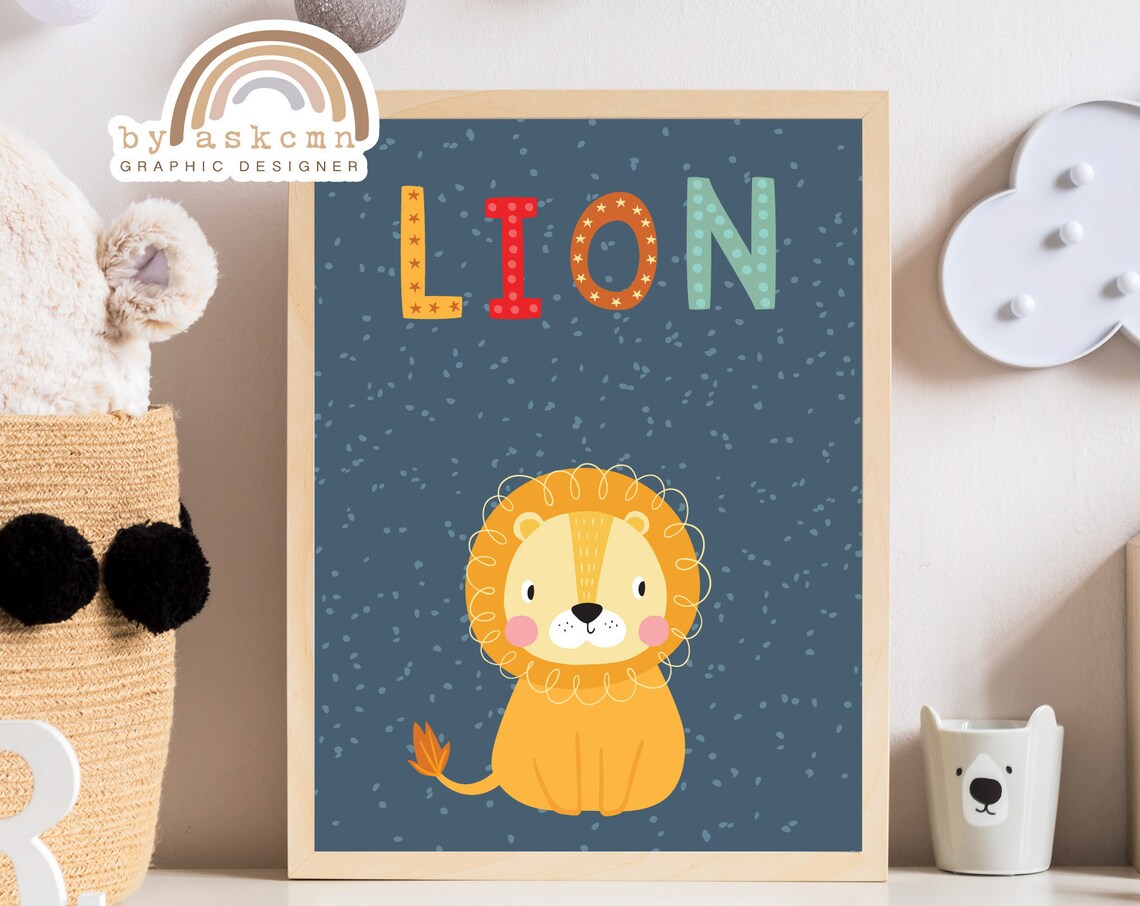 Colorful LION Text With Cute Smiling Lion Cub Navy Nursery Poster