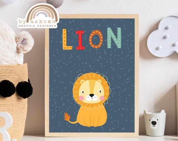 Colorful LION Text With Cute Smiling Lion Cub Navy Nursery Poster