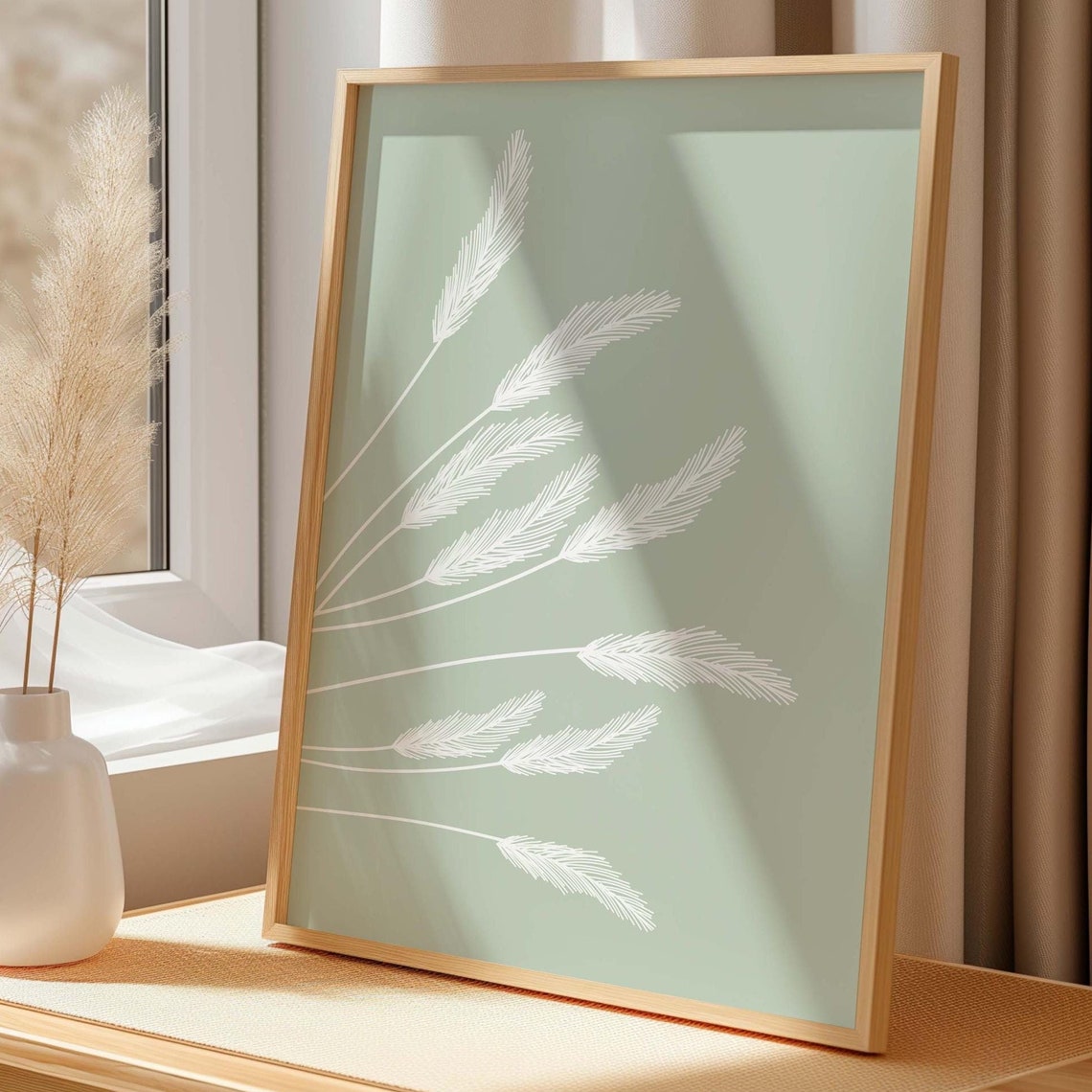 Pampas Grass Wall Art Print Sage Green White Botanical Minimalist Line Poster Decor