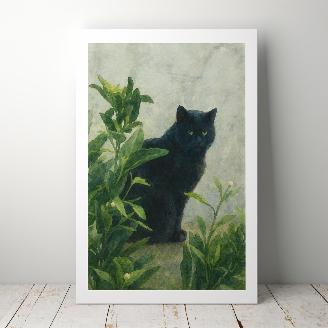 Black Cat In Garden Watercolor Green Foliage Mystical Animal Poster