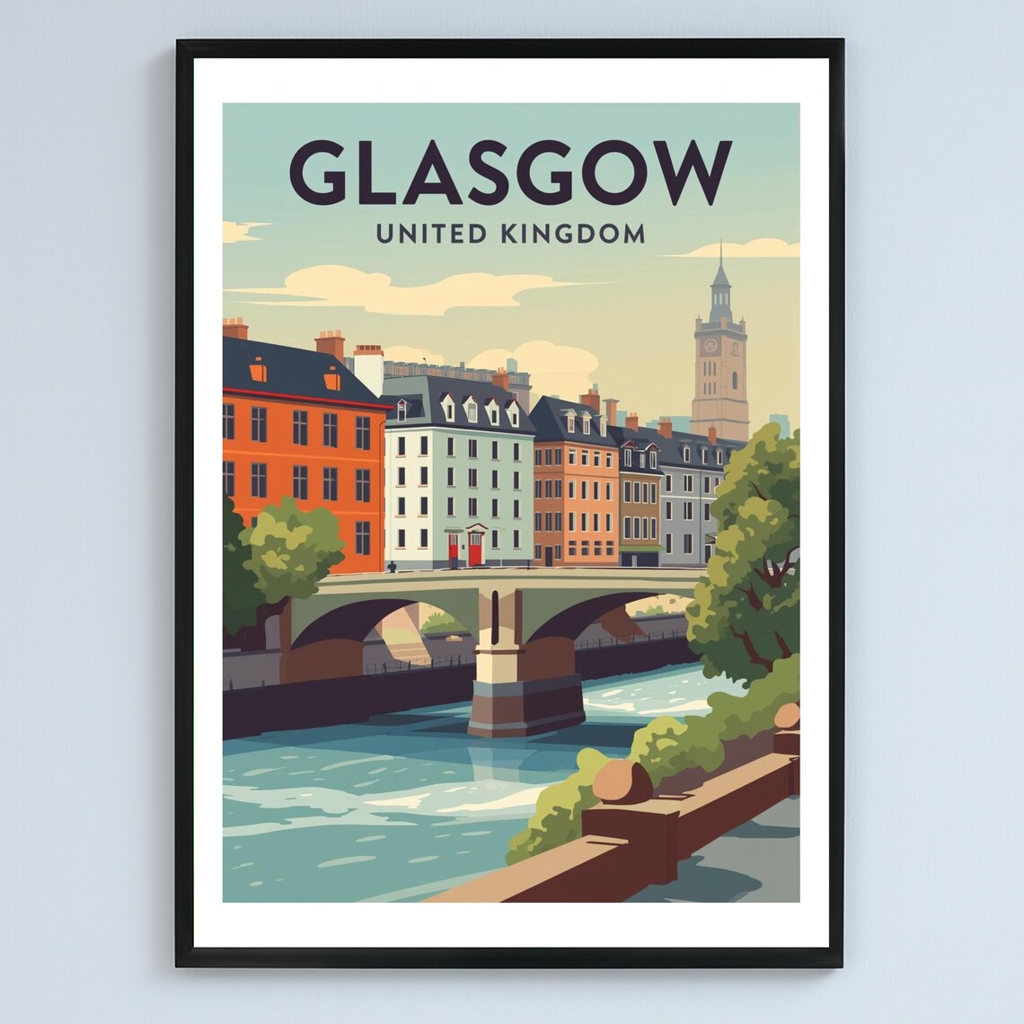 Glasgow United Kingdom Historic River Bridge City Travel Poster