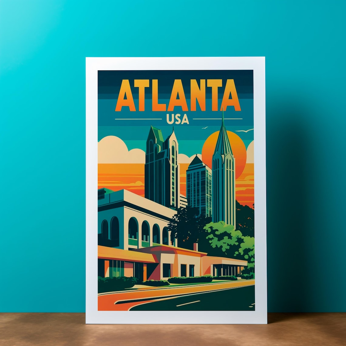 Atlanta USA Vintage Travel Poster Downtown Skyline At Sunset Glow