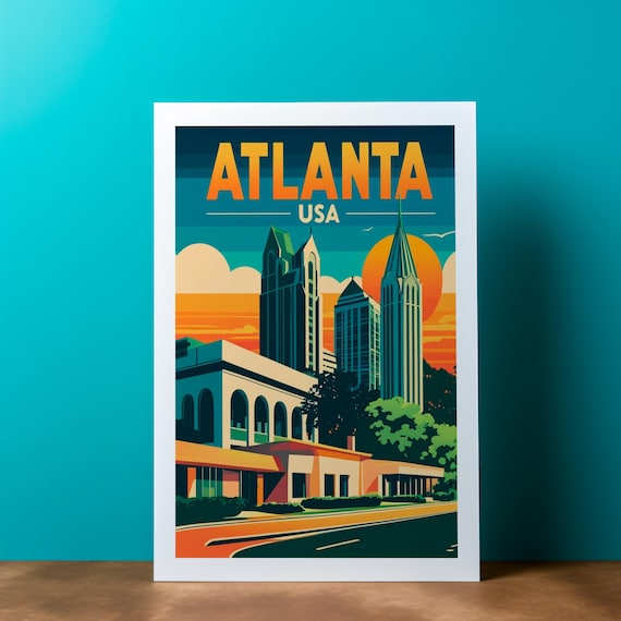 Atlanta USA Vintage Travel Poster Downtown Skyline At Sunset Glow