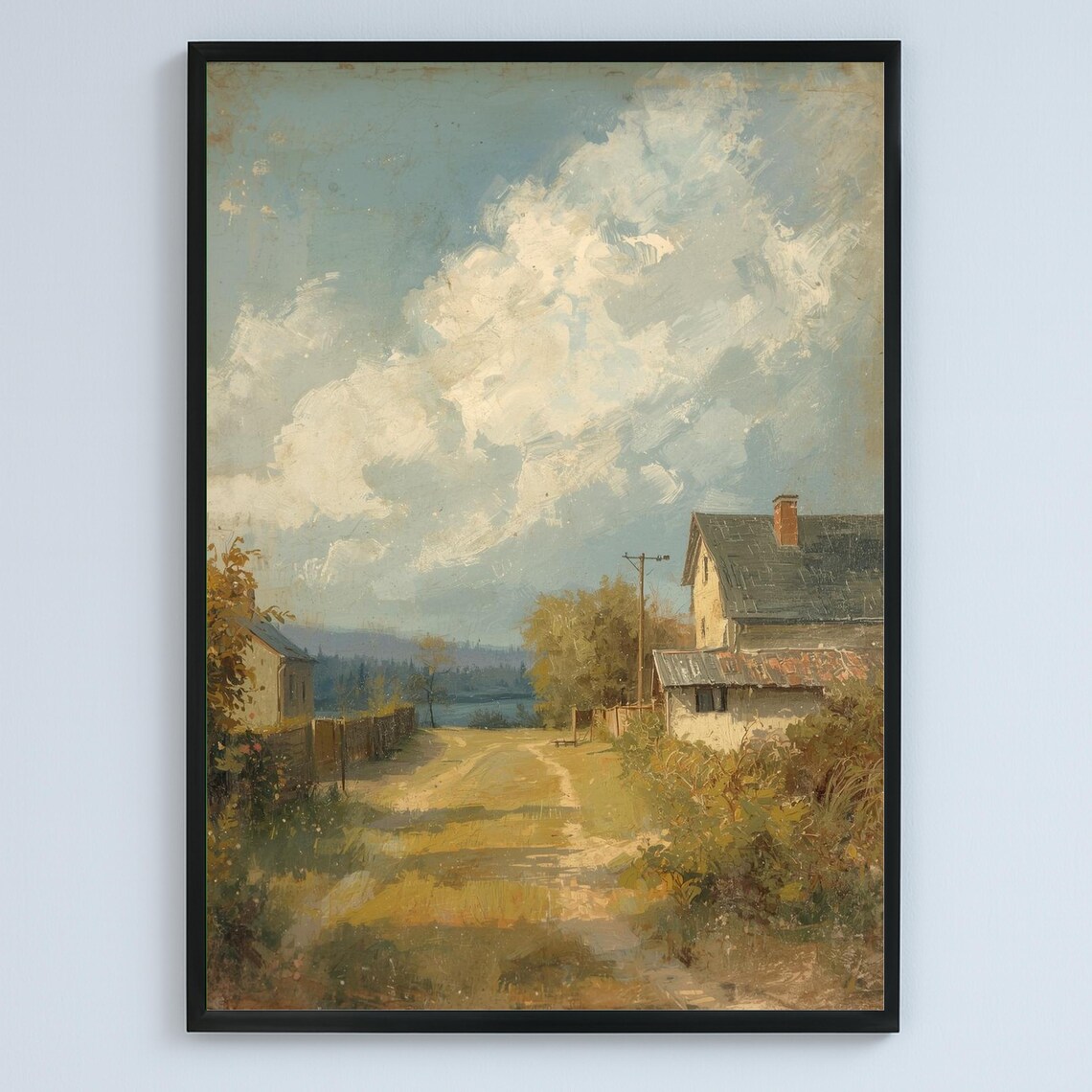 French Country Road Vintage Oil Painting Farmhouse Cloudy Sky Poster