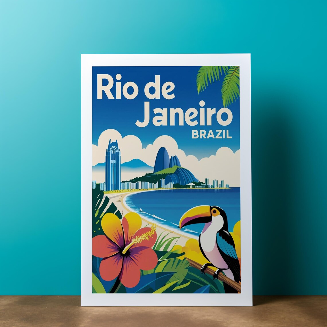 Rio De Janeiro Brazil Retro Travel Poster Toucan Hibiscus Art