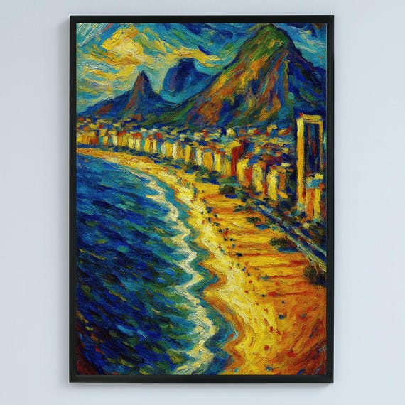 Copacabana Beach Poster, Postimpressionist Rio Coastal Decor