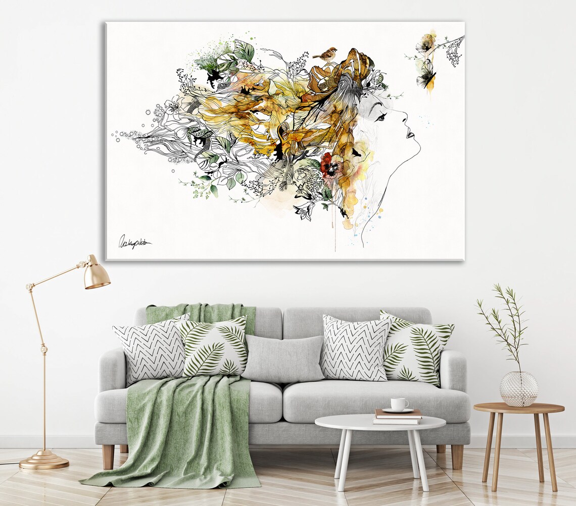 Abstract Woman Painting, Yellow Living Room Art Print - Image 2