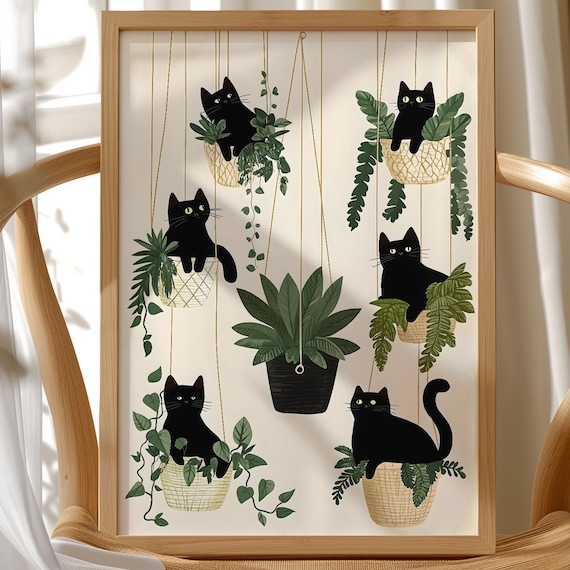 Black Cats in Hanging Plant Baskets Funny Plant Lover Poster