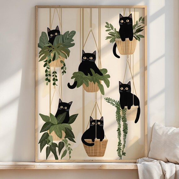 Black Cats Hanging Plant Baskets Quirky Botanical Cat Lover Poster