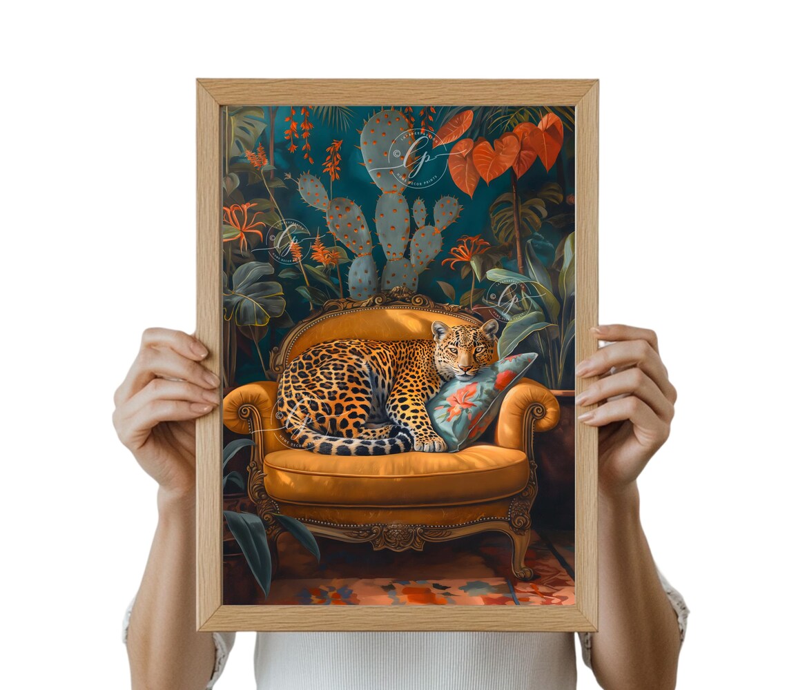 Leopard Lounging Orange Velvet Sofa Tropical Jungle Maximalist Poster - Image 4