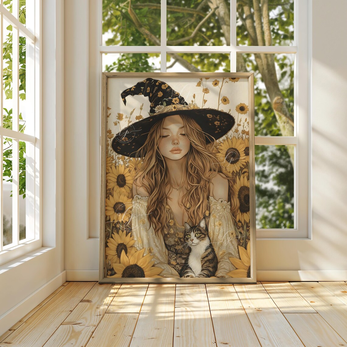 Sunflower Witch With Cat, Autumn Witch Decor - Image 3