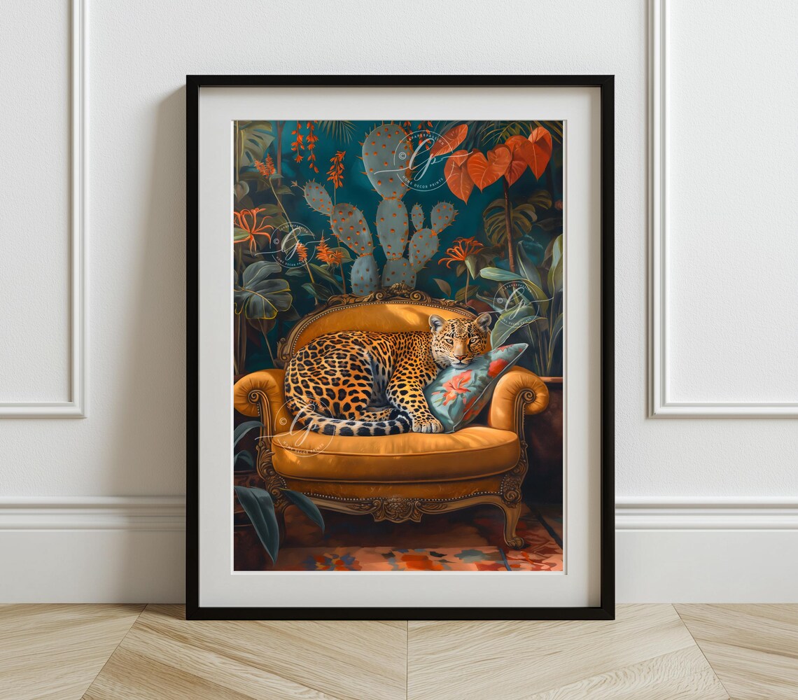 Leopard Lounging Orange Velvet Sofa Tropical Jungle Maximalist Poster