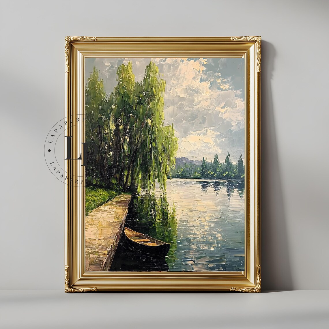 Weeping Willow Oil Painting by Calm Lake with Rowboat Poster - Image 5