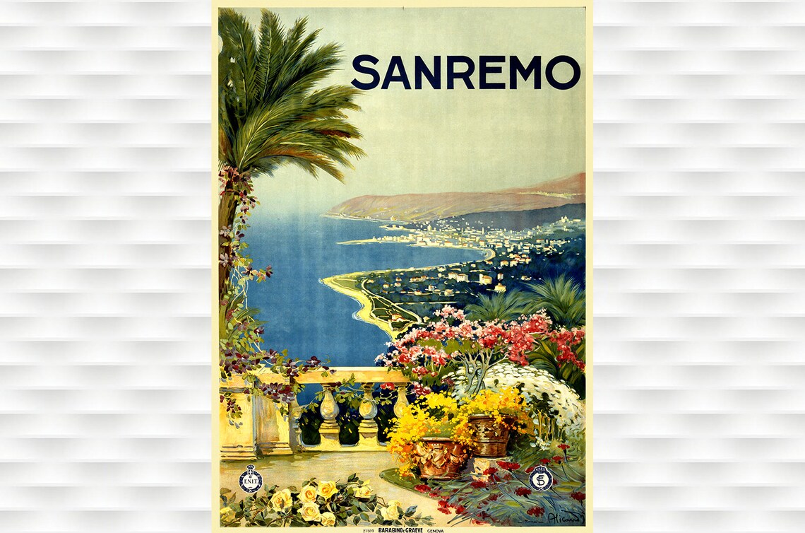 Sanremo Italy Riviera Coast Palm Terrace Vintage Italian Travel Poster