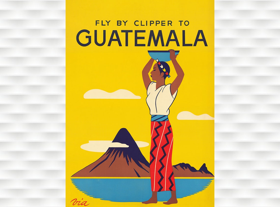 Fly by Clipper to Guatemala Vintage Airline Volcano Lake Poster
