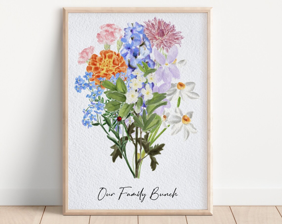Our Family Bunch Watercolor Wildflower Bouquet Ladybug Keepsake Poster