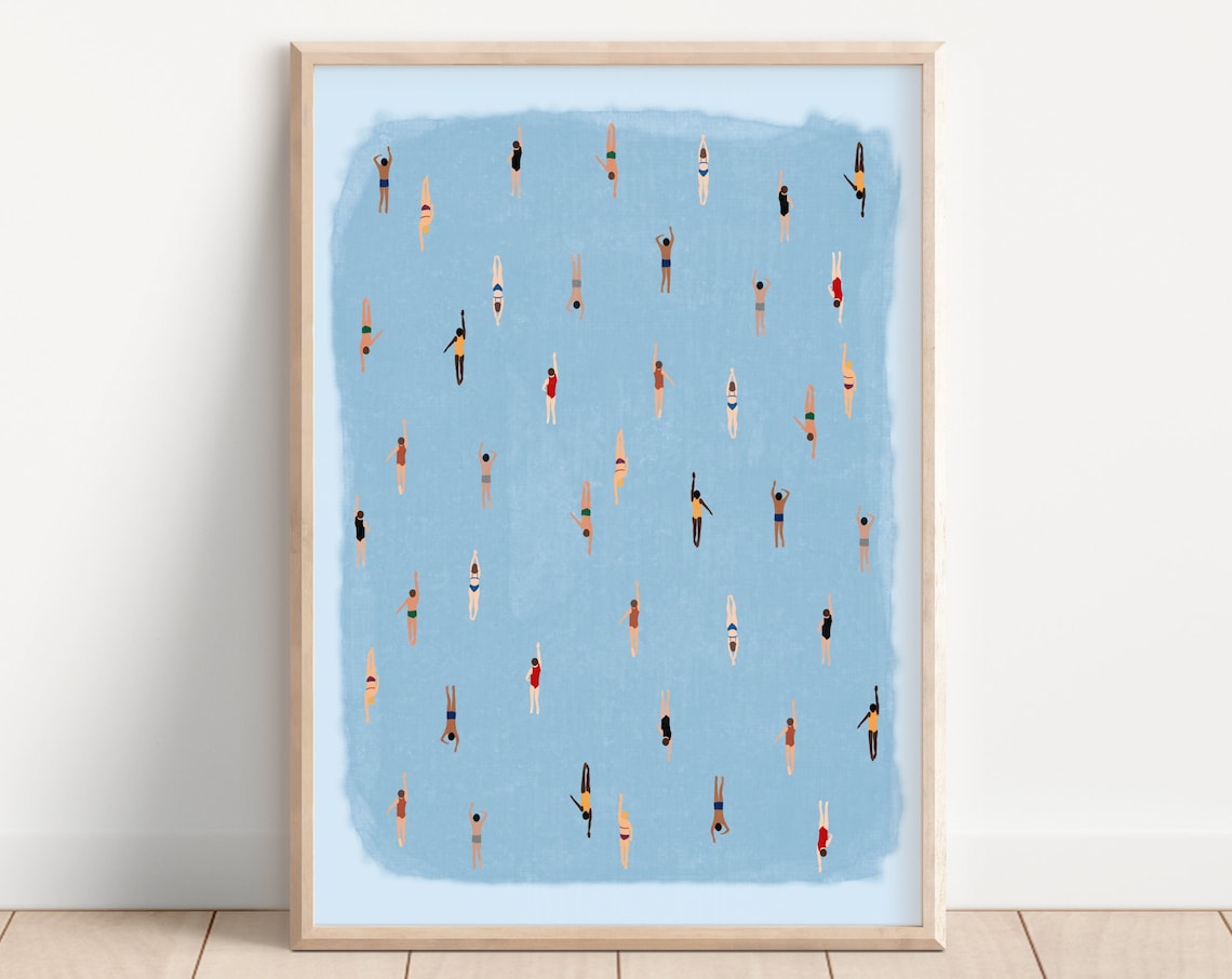Swimming In Watercolor Art Print, Minimalist Beach House Decor
