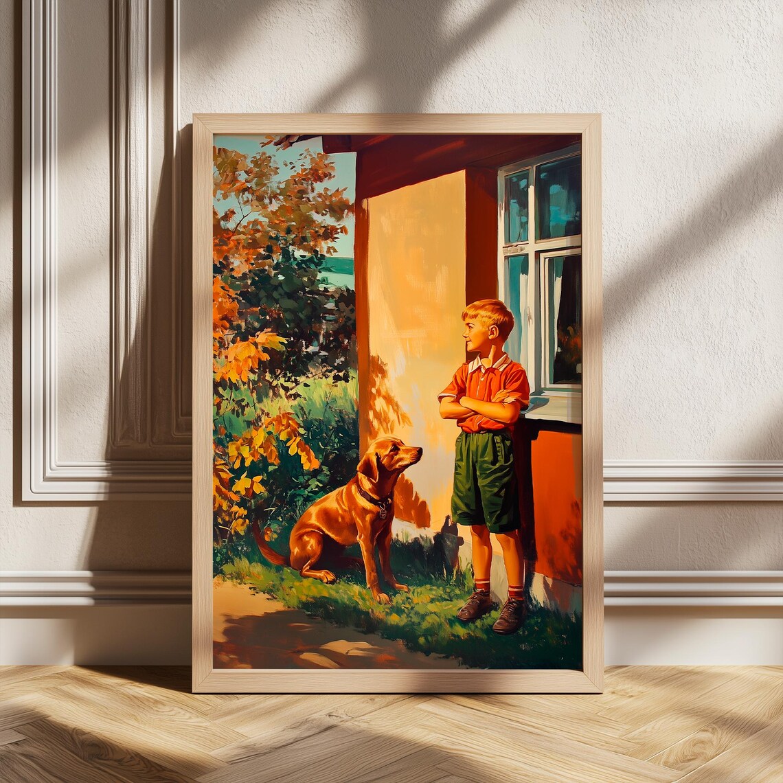 Boy And Loyal Dog In Autumn Garden Nostalgic Vintage Art Poster