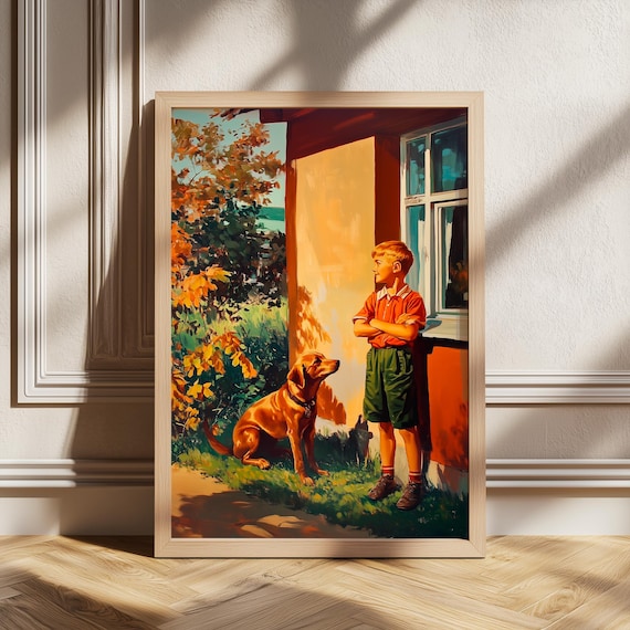 Boy And Loyal Dog In Autumn Garden Nostalgic Vintage Art Poster
