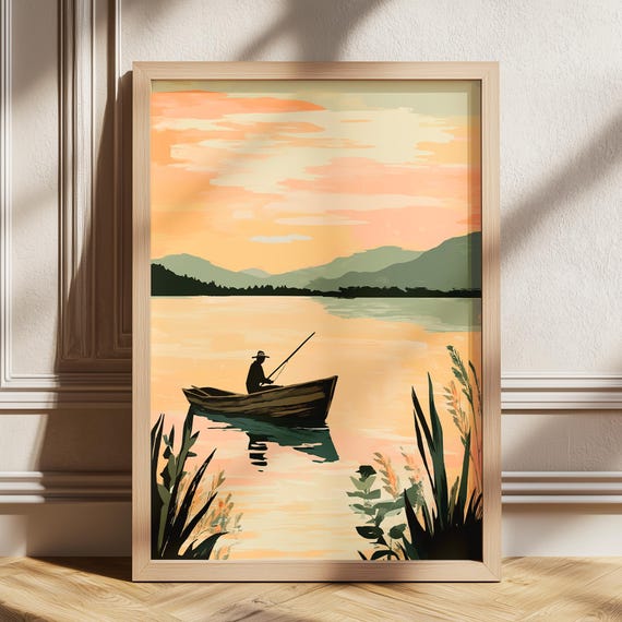 Fisherman Poster Boho Art Retro Style Lake Prints Gift For