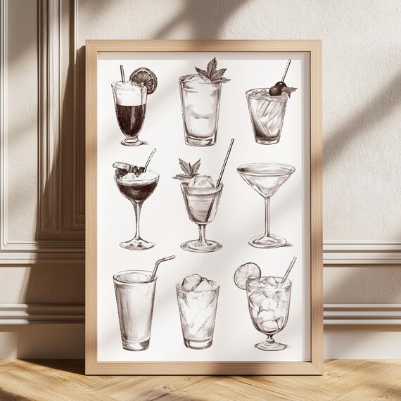 Vintage Cocktail Sketches Sepia Classic Drinks Menu Bar Art Poster