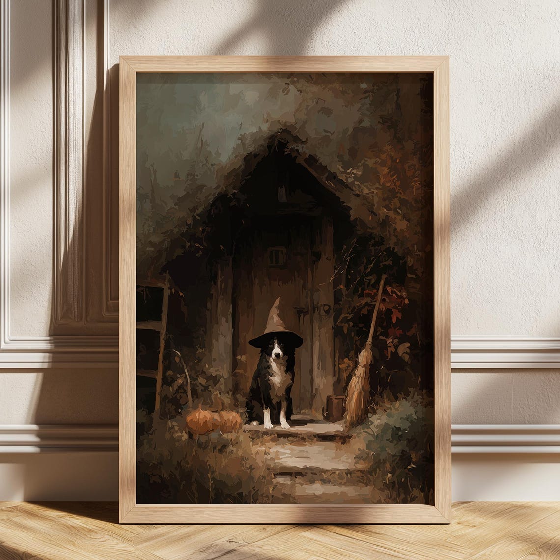 Border Collie In Witch Hat Spooky Cottage Halloween Art Poster