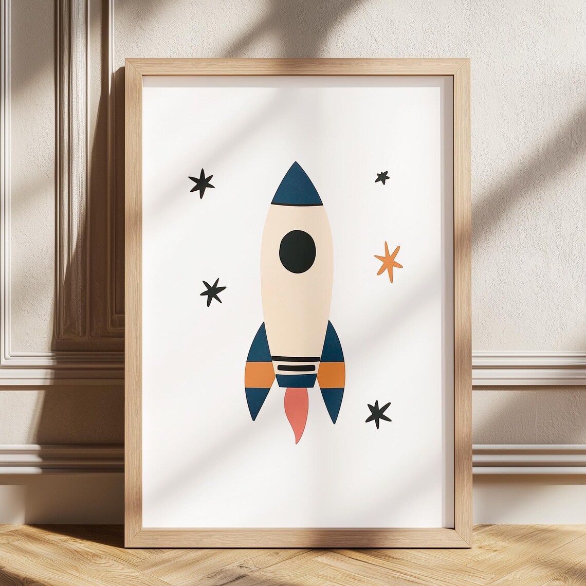 Space Rocket Print Kids Room Moon Stars Eclectic Nursery Wall Art Playroom