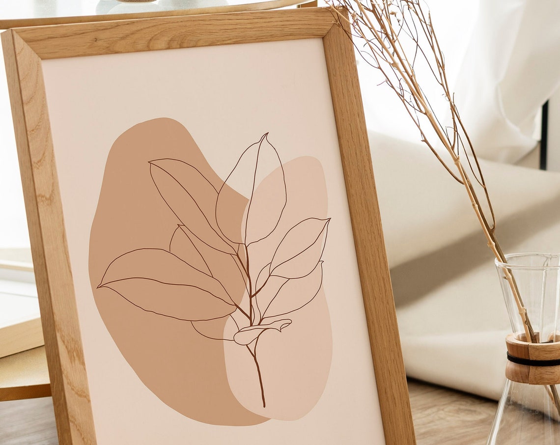 Beige Ficus Leaf Line Art Boho Botanical Illustration Poster