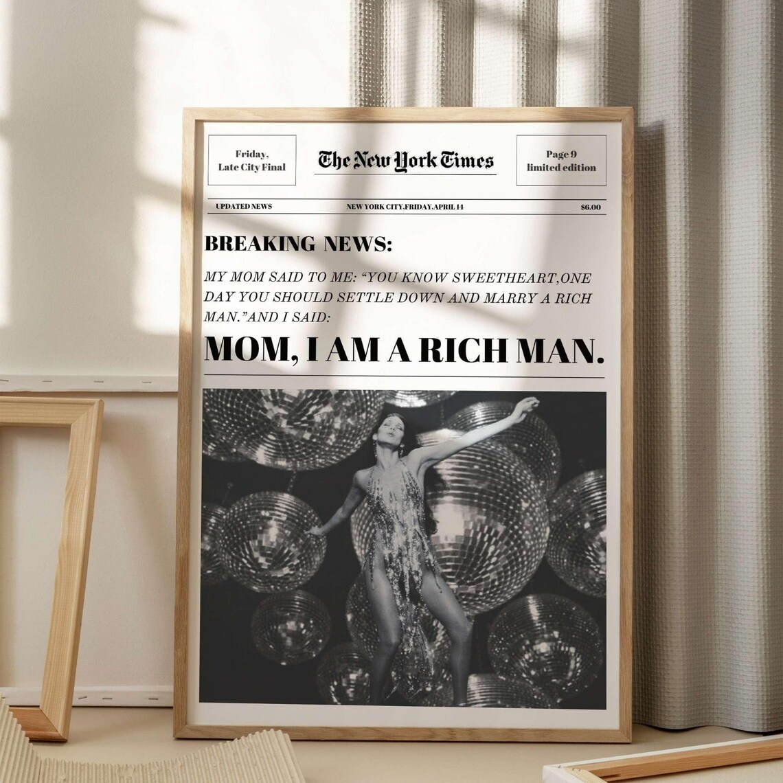 Mom I Am A Rich Man Cher Quote Funny Newspaper Style Art Poster - Image 4