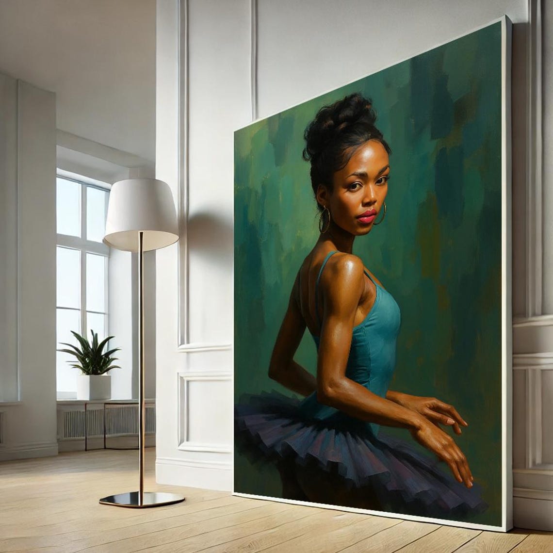 Elegant Black Ballerina Portrait Teal Leotard Dance Art Poster