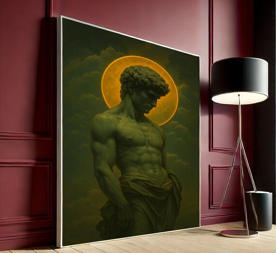Classical Green Male Statue Golden Halo Neoclassical Wall Art