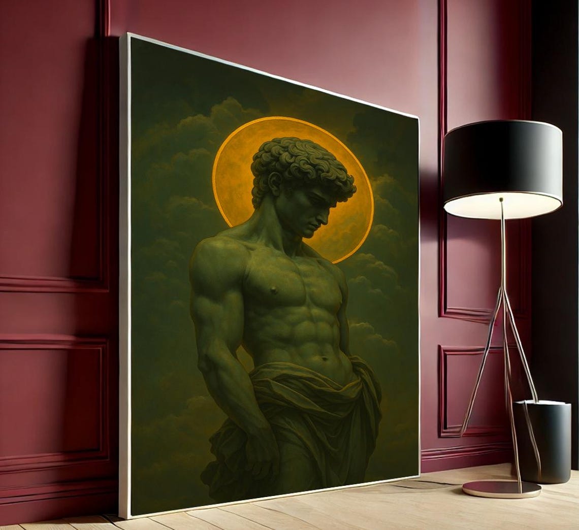 Classical Green Male Statue Golden Halo Neoclassical Wall Art