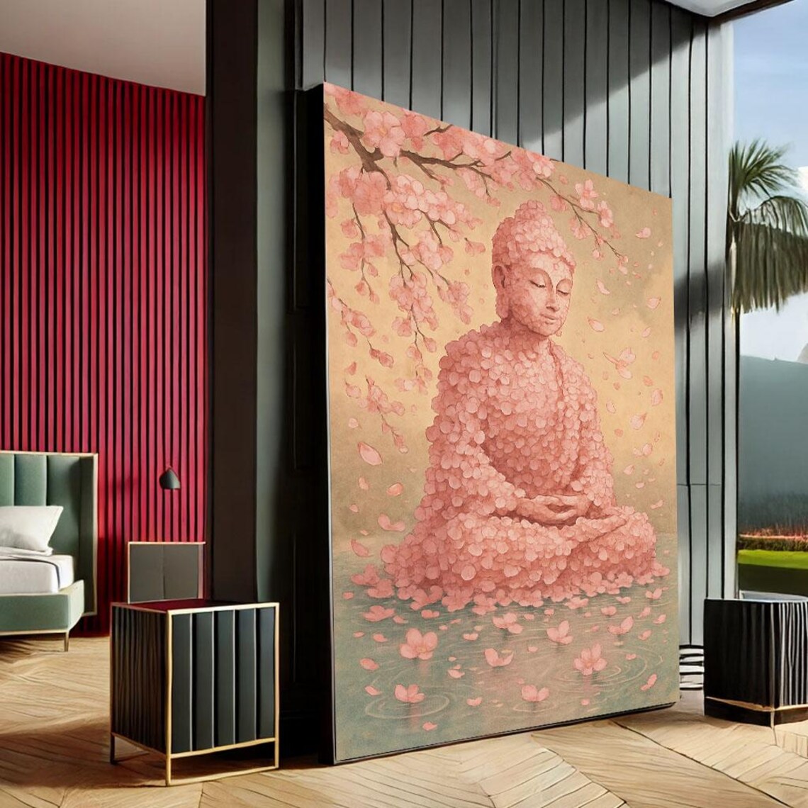 Buddha Cherry Blossom Pink Zen Meditation Serene Spiritual Art Poster