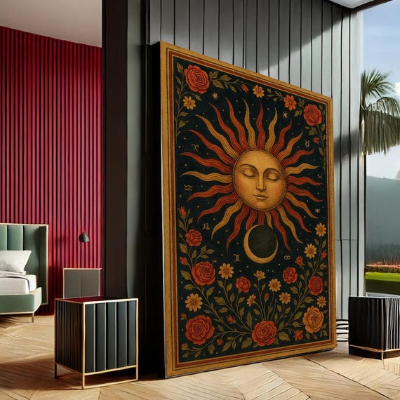Vibrant Sun And Moon Floral Canvas Wall Art Striking Bohemian Decor For Living Room Bedroom Unique