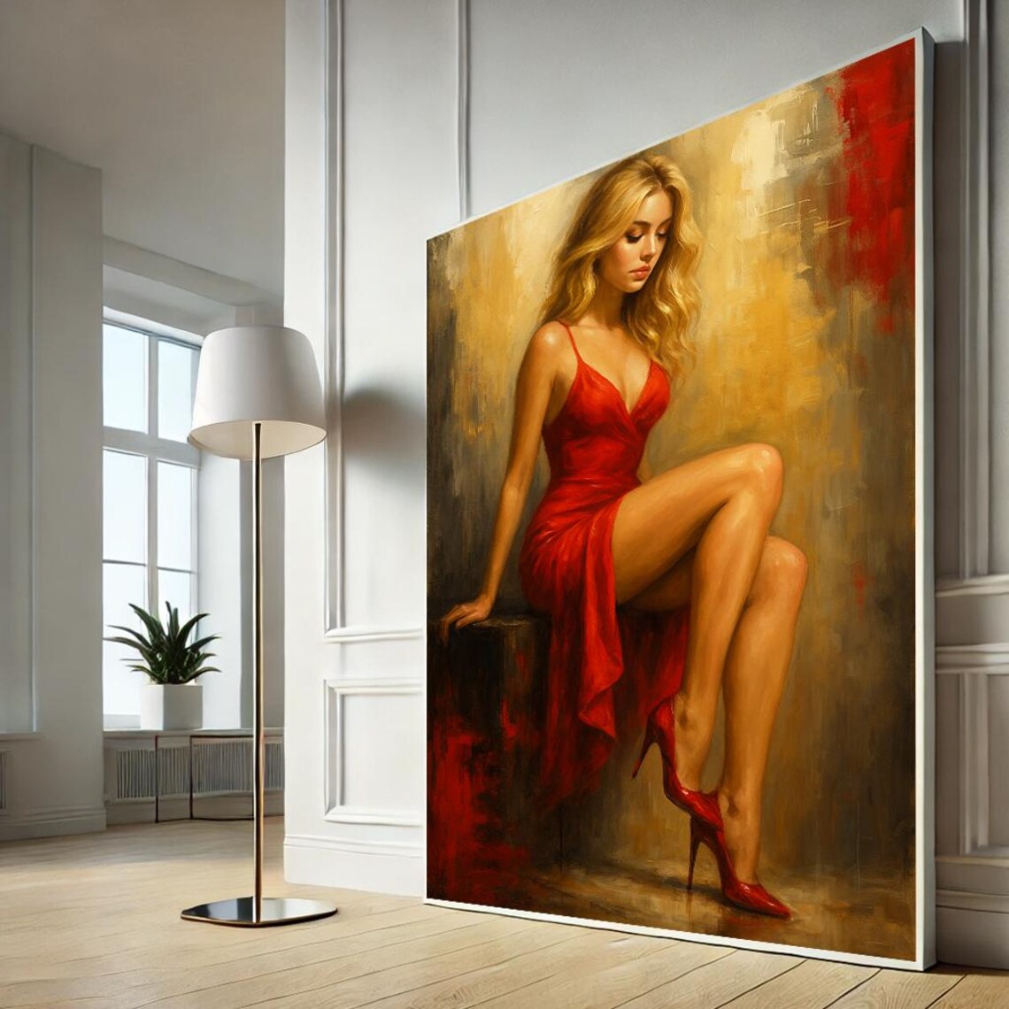 Elegant Blonde Woman Red Dress Oil Painting Portrait Wall Art
